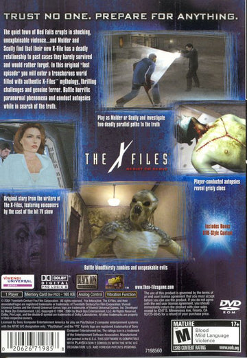 The X-Files: Resist or Serve | PlayStation 2 | back cover | region=North America | source-country=United States | zypher-v2 | moby-08f323851b85 | Data by MobyGames.com