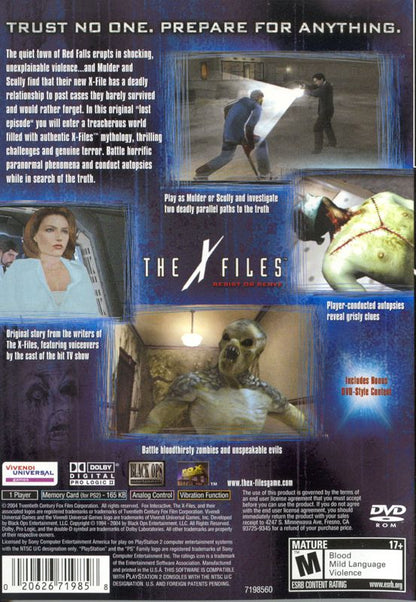 The X-Files: Resist or Serve | PlayStation 2 | back cover | region=North America | source-country=United States | zypher-v2 | moby-08f323851b85 | Data by MobyGames.com