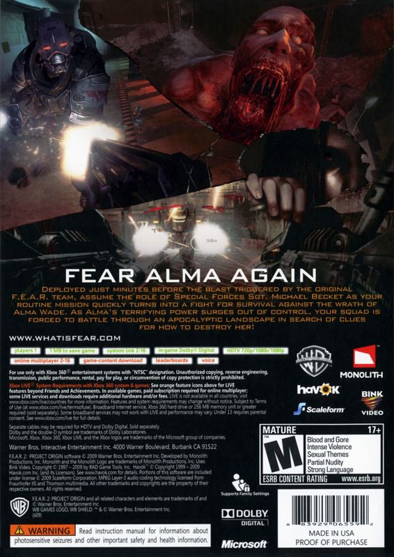 
F.E.A.R. 2: Project Origin | Xbox 360 | back cover | Region: North America | source-country=United States | Data by MobyGames.com