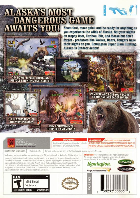 
Remington Super Slam Hunting: Alaska | Wii | back cover | Data by MobyGames.com