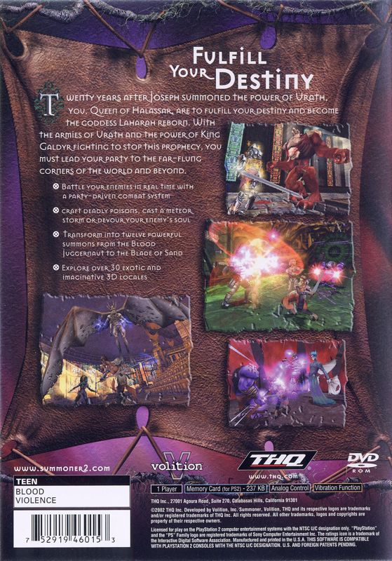 Summoner 2 | PlayStation 2 | back cover | region=North America | source-country=United States | zypher-v2 | moby-dd333cde6145 | Data by MobyGames.com