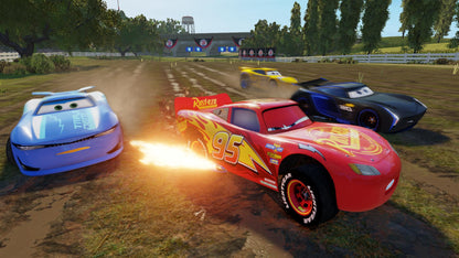 Cars 3: Driven to Win | Xbox One | gameplay screenshot | Boosting alongside rival racers on a dirt circuit | source=official Xbox BZKS084ZSXJ4 | asset=51b69ca5-e32f-4cb8-95c9-eb4cd5babf95