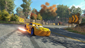Cars 3: Driven to Win | Xbox One | gameplay screenshot | Boosting through a wooded road circuit | source=official Xbox BZKS084ZSXJ4 | asset=5daf7dd2-5bdd-4724-976e-95865b59bed5