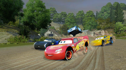 Cars 3: Driven to Win | Xbox One | gameplay screenshot | Racing and jumping on a dirt track | source=official Xbox BZKS084ZSXJ4 | asset=a5a76338-82c4-4e8a-b53c-004f3edbd64d