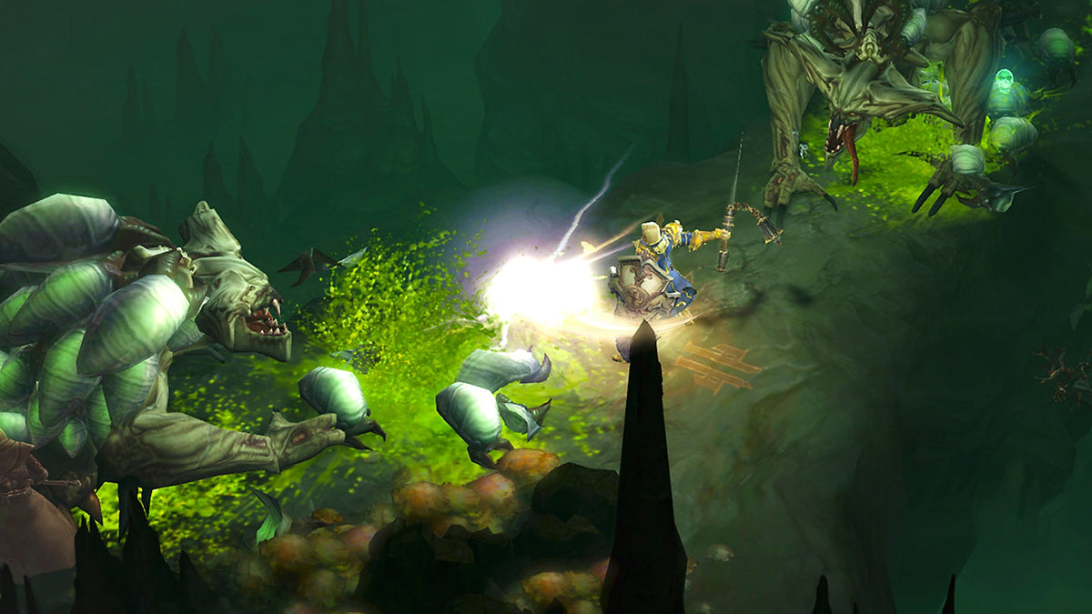 Diablo III: Eternal Collection | Xbox One | gameplay screenshot | Combat among green pools and demonic statues | Source: official Xbox BZ84XLQBRHTG | screenshot=01