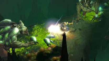 
Diablo III: Eternal Collection | Xbox One | gameplay screenshot | Combat among green pools and demonic statues | Source: official Xbox BZ84XLQBRHTG | screenshot=01