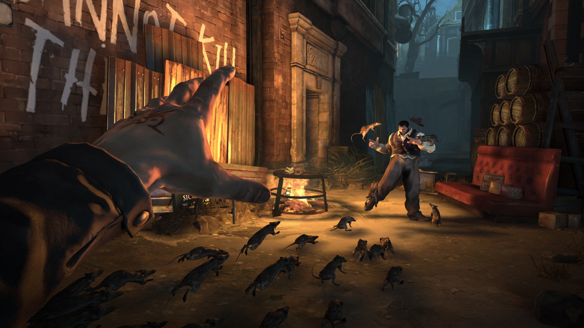 
Dishonored: Definitive Edition | Xbox One | gameplay screenshot | Summoning rats against enemies in a Dunwall alley