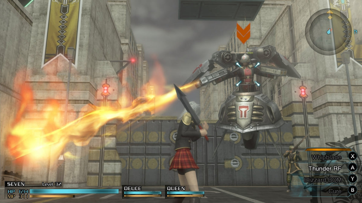 
Final Fantasy Type-0 HD | Xbox One | gameplay screenshot | Seven battles a fire-breathing mechanical enemy