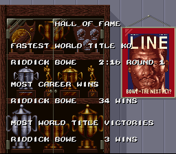 
Riddick Bowe Boxing | SNES | gameplay screenshot | Data by MobyGames.com