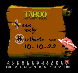 
Taboo: The Sixth Sense | NES | gameplay screenshot | Data by MobyGames.com