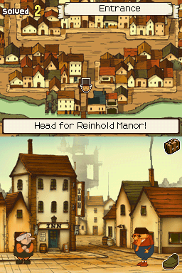 Professor Layton and the Curious Village | Nintendo DS | gameplay screenshot | Data by MobyGames.com
