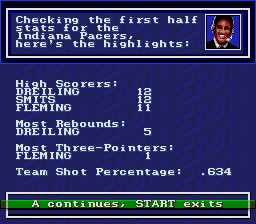 Bulls vs Lakers and the NBA Playoffs | SEGA Genesis | menu screenshot | halftime statistics
