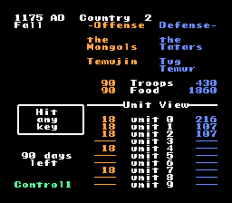 Genghis Khan | NES | gameplay screenshot | Data by MobyGames.com