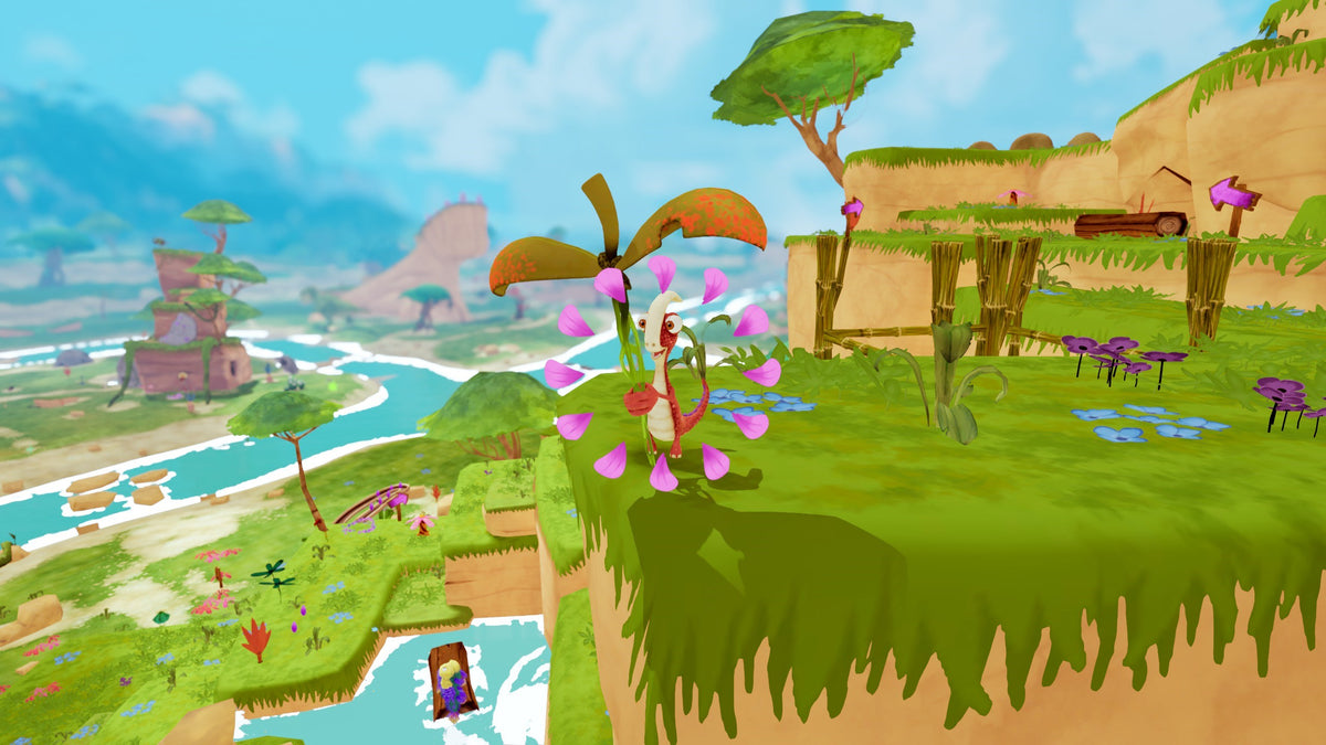 Gigantosaurus: The Game | Xbox One | gameplay screenshot | Gliding toward a raised grassy platform | source=official Xbox 9N3PC5P2S47W | asset=35109bac-6ef1-479f-a130-a6755c0c2b07