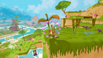 Gigantosaurus: The Game | Xbox One | gameplay screenshot | Gliding toward a raised grassy platform | source=official Xbox 9N3PC5P2S47W | asset=35109bac-6ef1-479f-a130-a6755c0c2b07