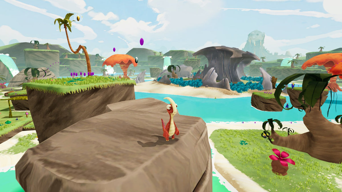 Gigantosaurus: The Game | Xbox One | gameplay screenshot | Rocky explores rocky platforms beside a river | source=official Xbox 9N3PC5P2S47W | asset=6808ac67-083c-48cd-914c-6c3e28f3057c