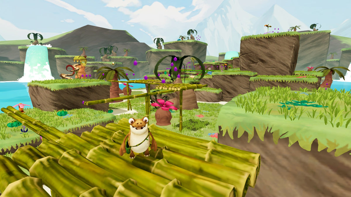 Gigantosaurus: The Game | Xbox One | gameplay screenshot | Crossing a wooden bridge between grassy platforms | source=official Xbox 9N3PC5P2S47W | asset=90bb5cf4-e46b-469f-9868-49c8d98aedd8