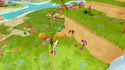 Gigantosaurus: The Game | Xbox One | gameplay screenshot | Gliding beside a grassy cliff and river | source=official Xbox 9N3PC5P2S47W | asset=e572ba40-d9b3-4813-a162-74de32e3ce3f
