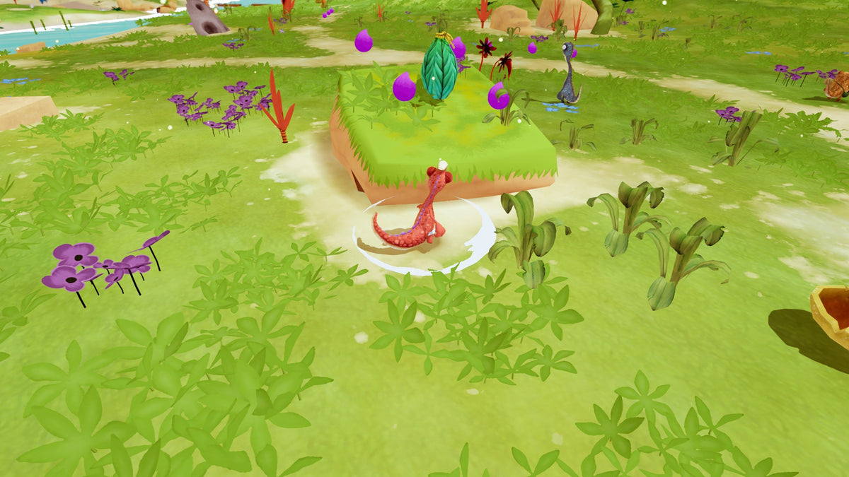 Gigantosaurus: The Game | Xbox One | gameplay screenshot | Exploring a clearing with collectible purple fruit | source=official Xbox 9N3PC5P2S47W | asset=f01f5884-f34d-4c2e-8d42-499b4ef401d4