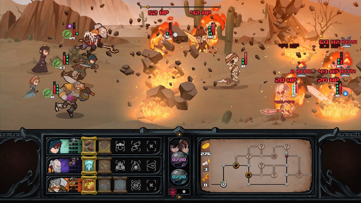 
Has-Been Heroes | Xbox One | gameplay screenshot | Lane combat with explosive spells in a desert