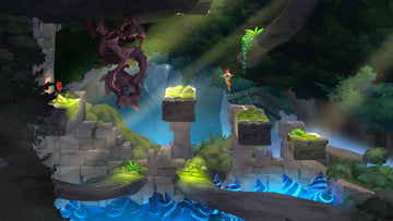 
Indivisible | Xbox One | gameplay screenshot | Platforming through a cavern with glowing blue crystals
