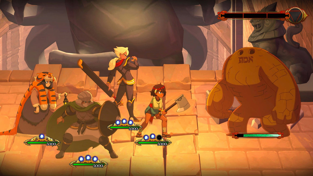 
Indivisible | Xbox One | gameplay screenshot | Party combat against a large golden enemy