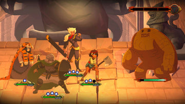 
Indivisible | Xbox One | gameplay screenshot | Party combat against a large golden enemy