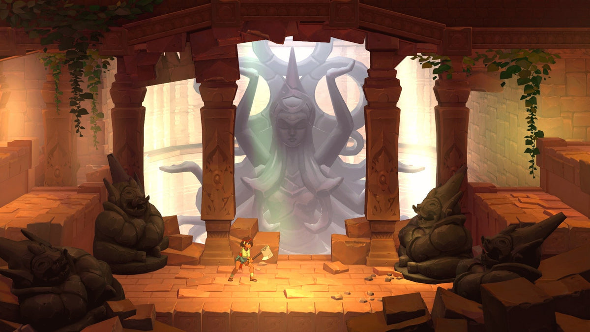 
Indivisible | Xbox One | gameplay screenshot | Exploring a ruined temple beneath a towering statue