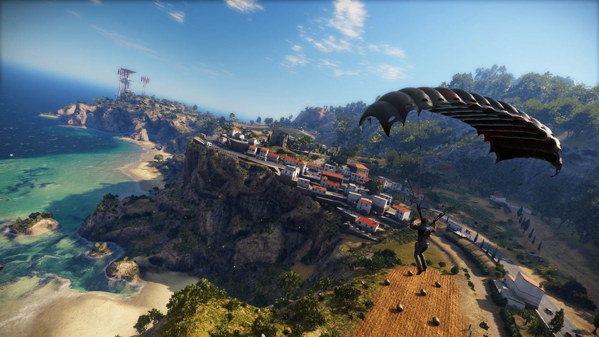 
Just Cause 3 Day One Edition | Xbox One | base-game gameplay screenshot | Rico parachutes above a coastal town | official Xbox BR2F4DG4WXF8 | asset 7bfd0565-b4cd-446c-812a-4089756c5498