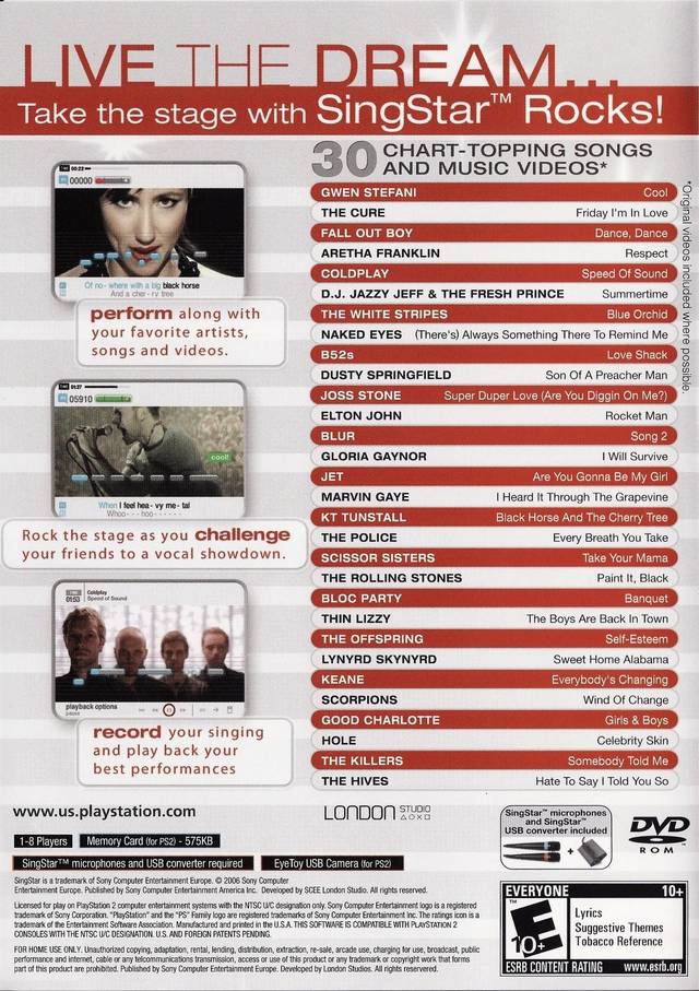 SingStar: Rocks! | PlayStation 2 | back cover 1 | Region: North America | Source: LaunchBox