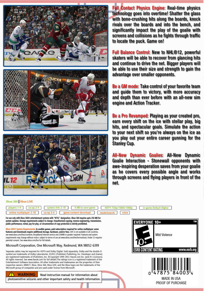 
NHL 12 | Xbox 360 | back cover 1 | Region: North America | Source: LaunchBox