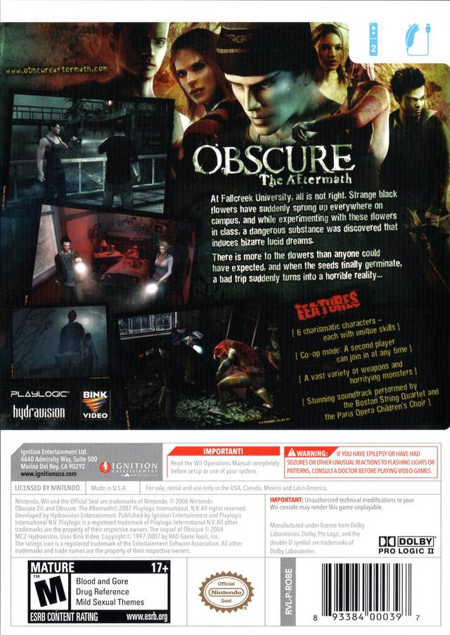 
Obscure: The Aftermath | Wii | back cover 1