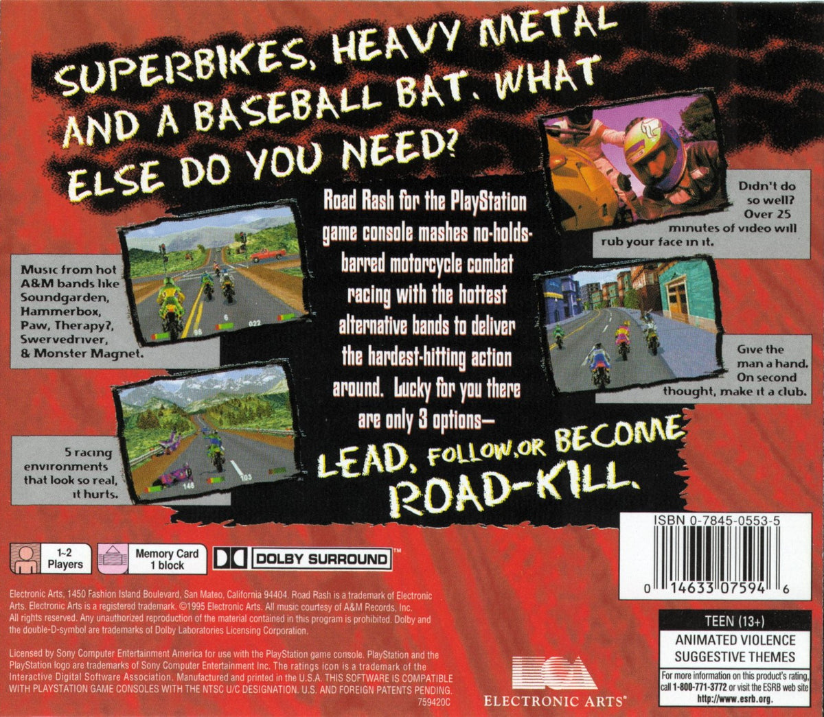 Road Rash | PlayStation | back cover 1 | Region: North America | Source: LaunchBox