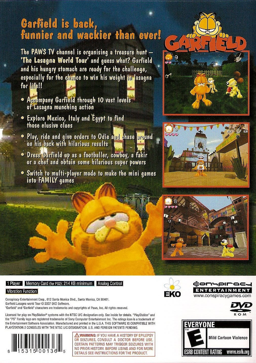 
Garfield: Lasagna World Tour | PlayStation 2 | back cover 1 | Region: North America | Source: LaunchBox