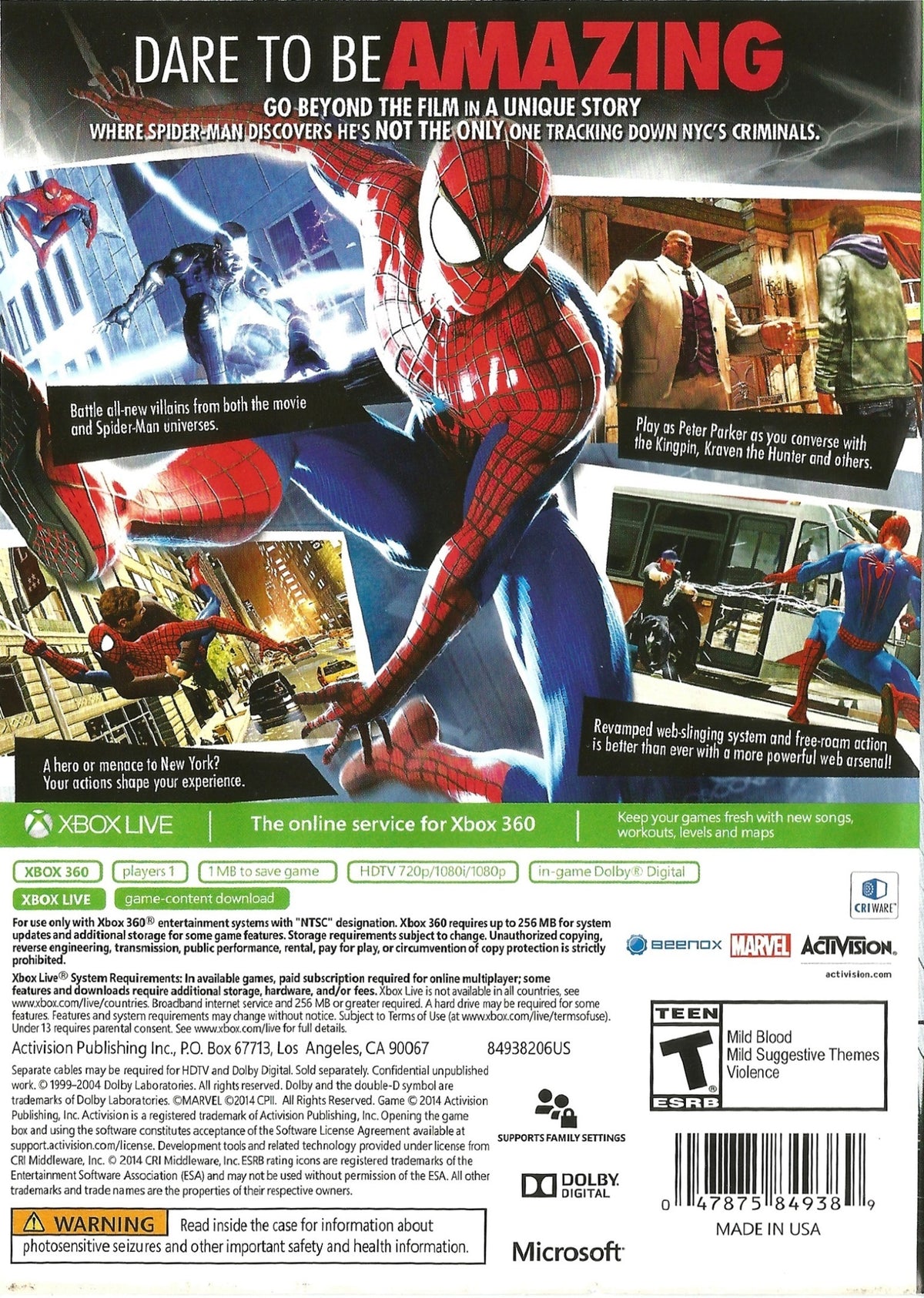 
The Amazing Spider-Man 2 | Xbox 360 | back cover 1 | Region: North America | Source: LaunchBox
