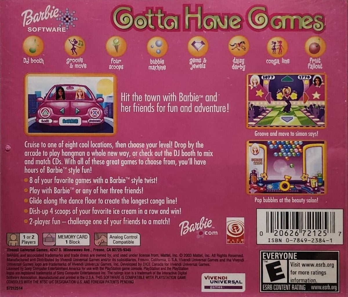 
Barbie: Gotta Have Games | PlayStation | back cover 1 | Region: North America | Source: LaunchBox