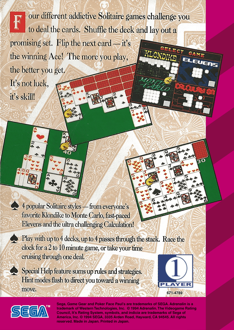 
Poker Face Paul's Solitaire | Game Gear | back cover 1