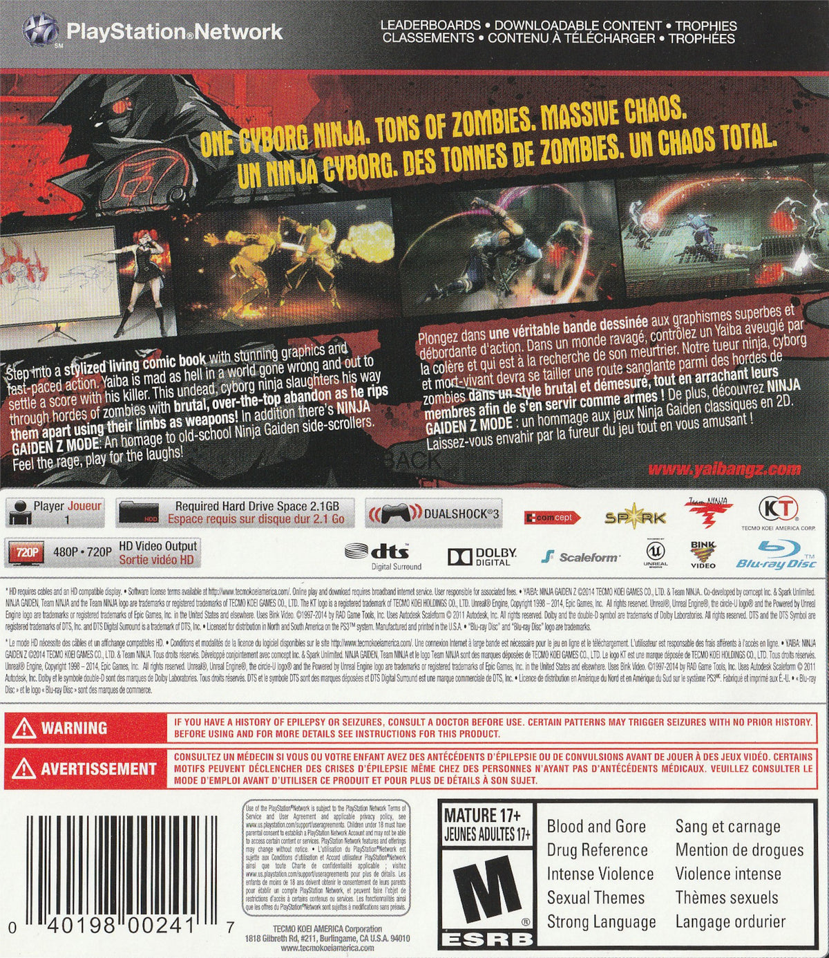 
Yaiba: Ninja Gaiden Z | PlayStation 3 | back cover 1 | Region: North America | Source: LaunchBox
