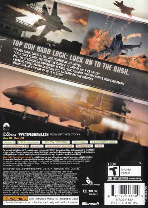 
Top Gun: Hard Lock | Xbox 360 | back cover 1 | Region: North America | Source: LaunchBox