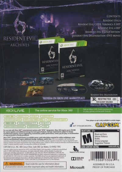 
Resident Evil 6: Archives | Xbox 360 | back cover 1 | Region: North America | Source: LaunchBox