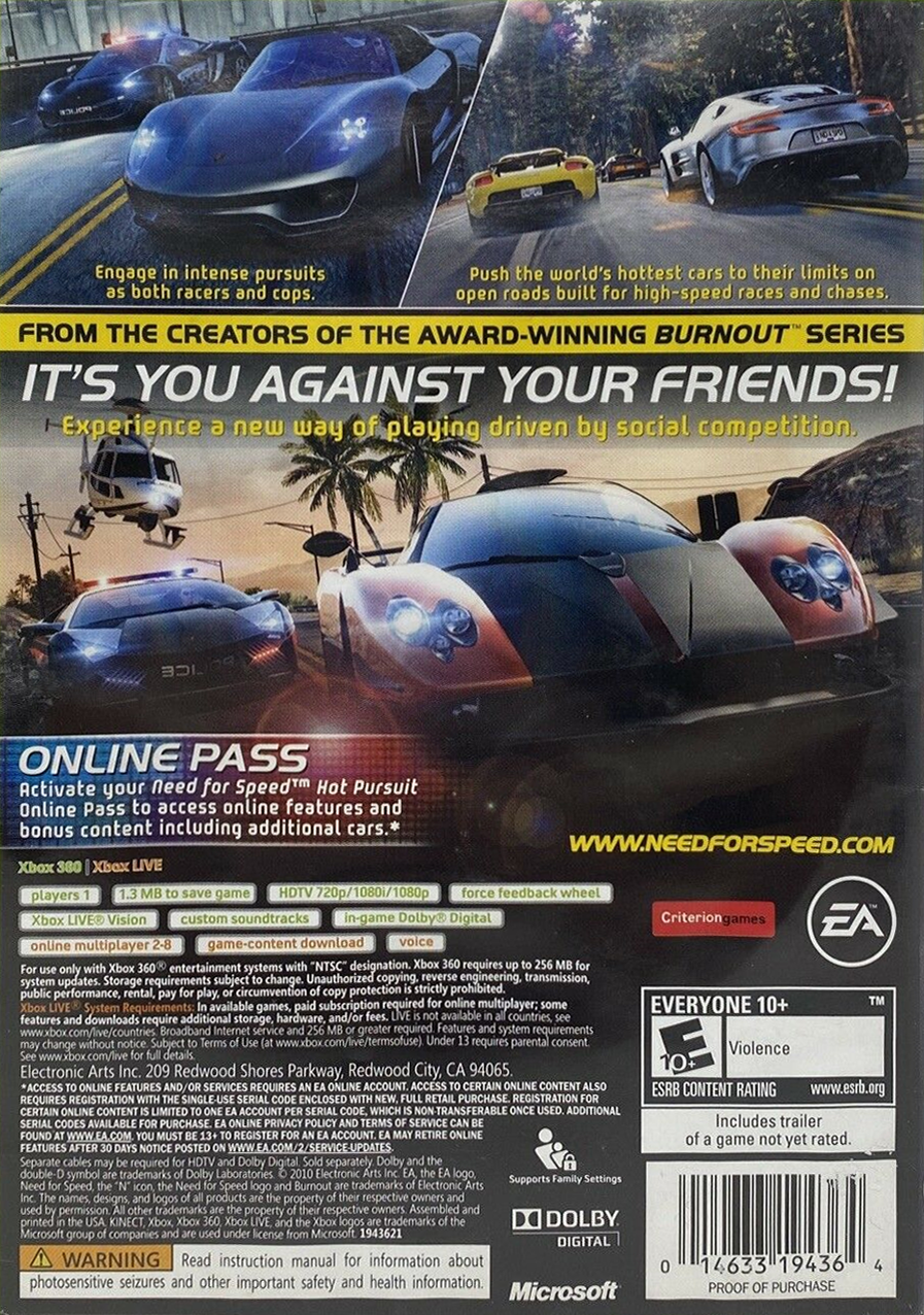 Need for Speed: Hot Pursuit | Xbox 360 | back cover 1 | Region: North America | Source: LaunchBox