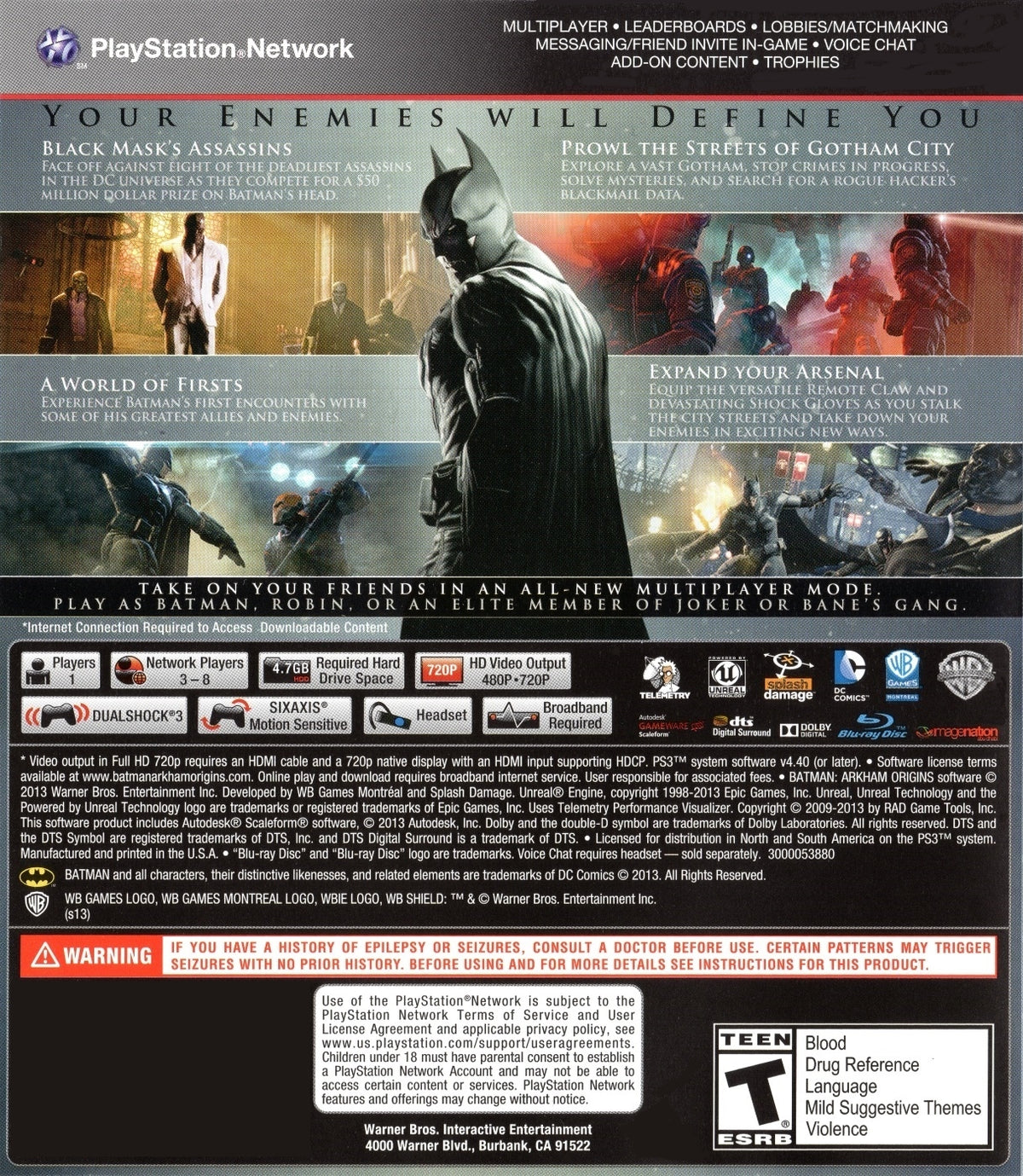 Batman: Arkham Origins | PlayStation 3 | back cover 1 | Region: North America | Source: LaunchBox