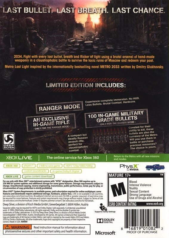 
Metro: Last Light | Xbox 360 | back cover 1