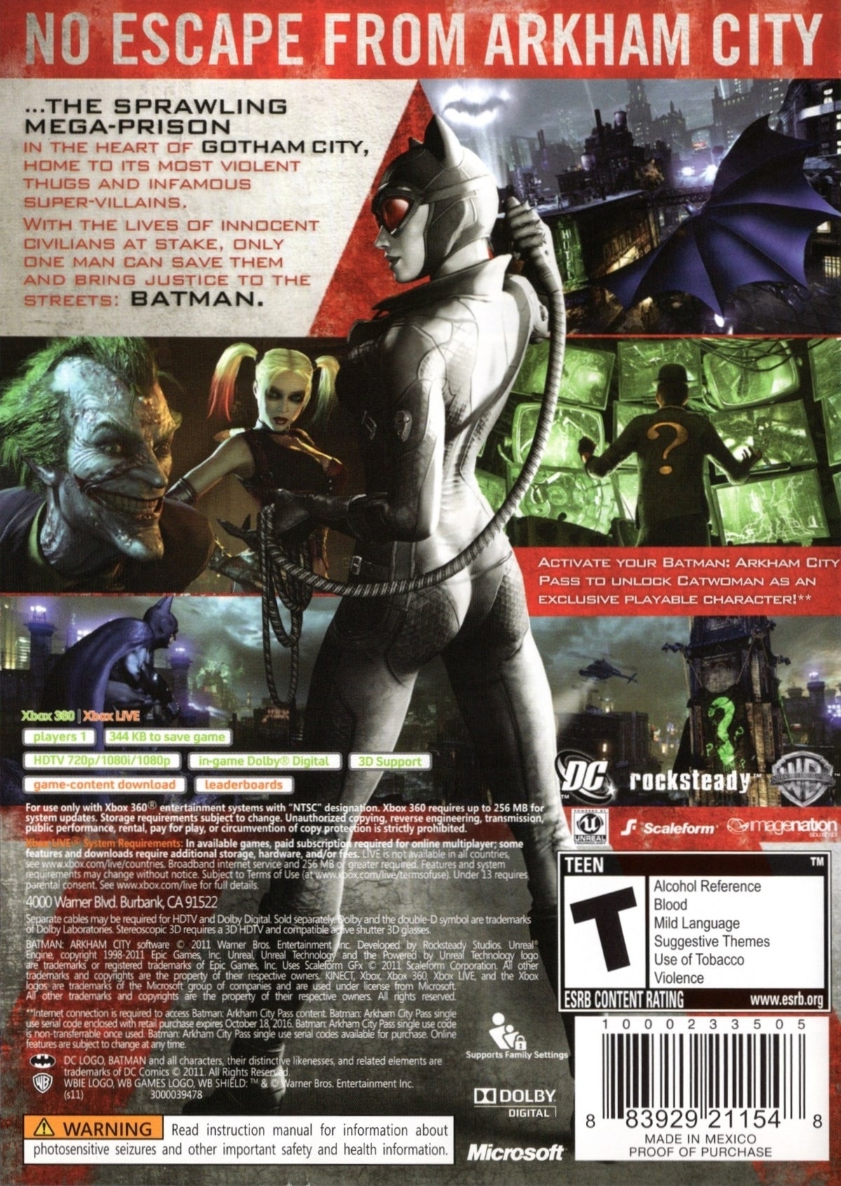 
Batman: Arkham City | Xbox 360 | back cover 1 | Region: North America | Source: LaunchBox