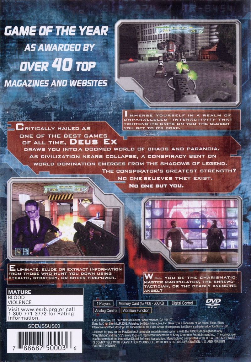 Deus Ex: The Conspiracy | PlayStation 2 | back cover 1 | Region: North America | Source: LaunchBox