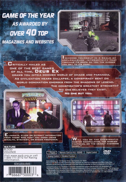 
Deus Ex: The Conspiracy | PlayStation 2 | back cover 1 | Region: North America | Source: LaunchBox