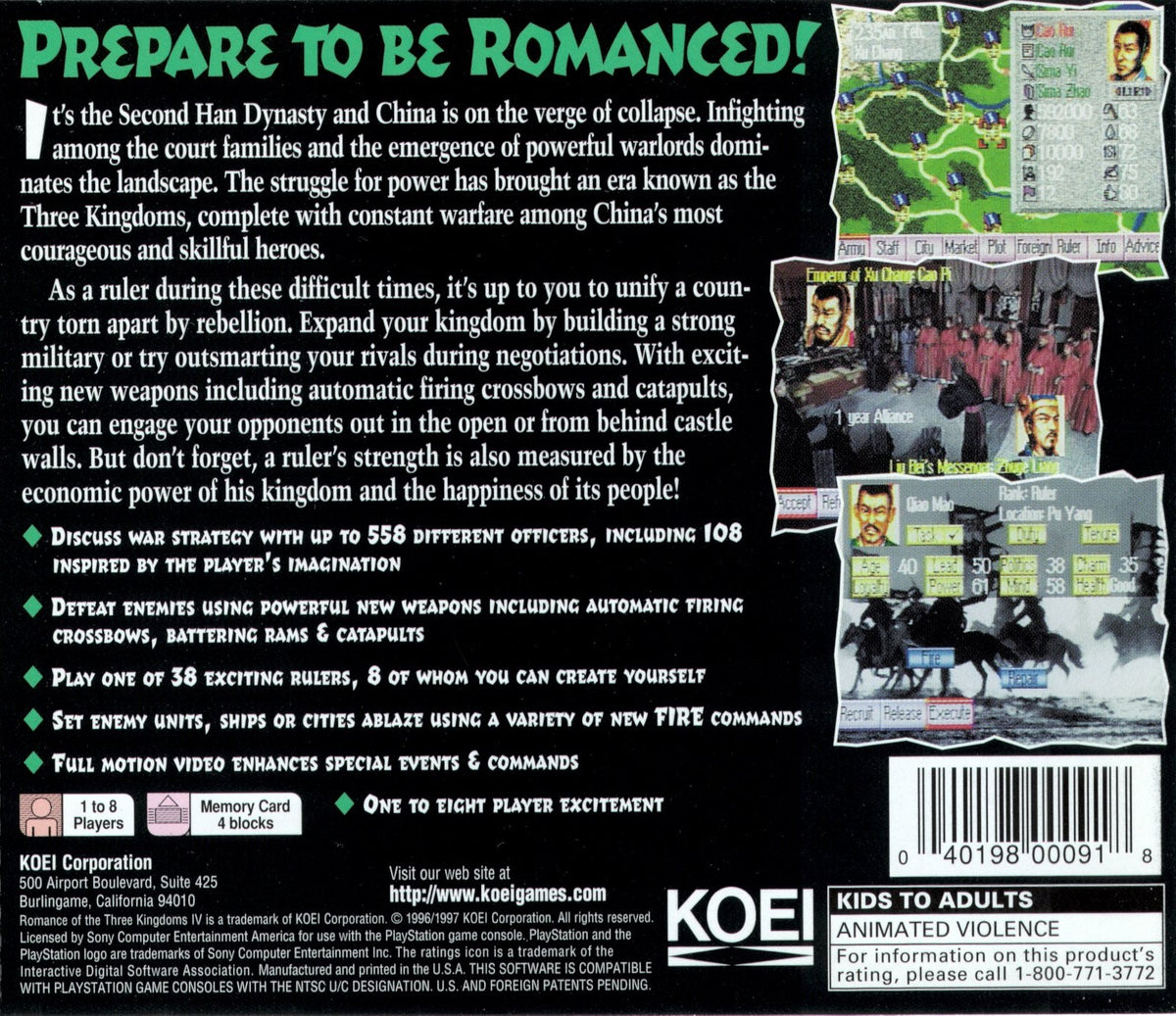 
Romance of the Three Kingdoms IV: Wall of Fire | PlayStation | back cover 1 | Region: North America | Source: LaunchBox