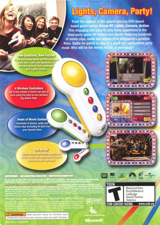 
Scene It? Lights, Camera, Action | Xbox 360 | back cover 1 | Region: North America | Source: LaunchBox
