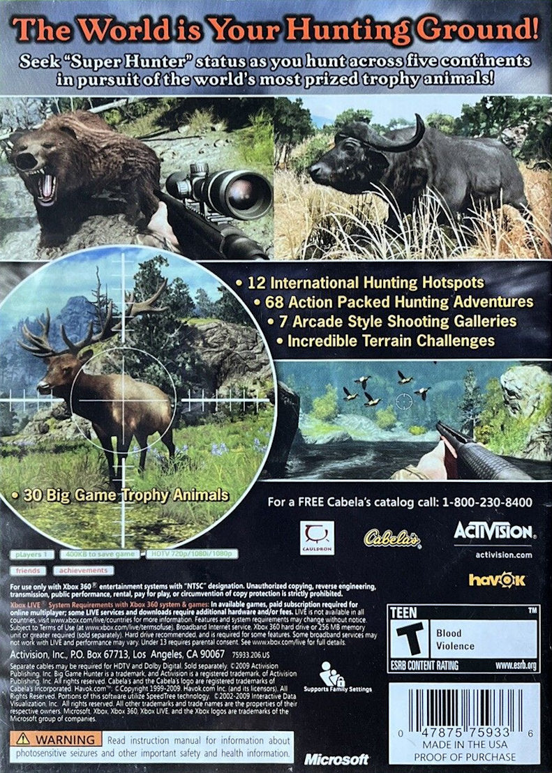 
Cabela's Big Game Hunter 2010 | Xbox 360 | back cover 1 | Region: North America | Source: LaunchBox
