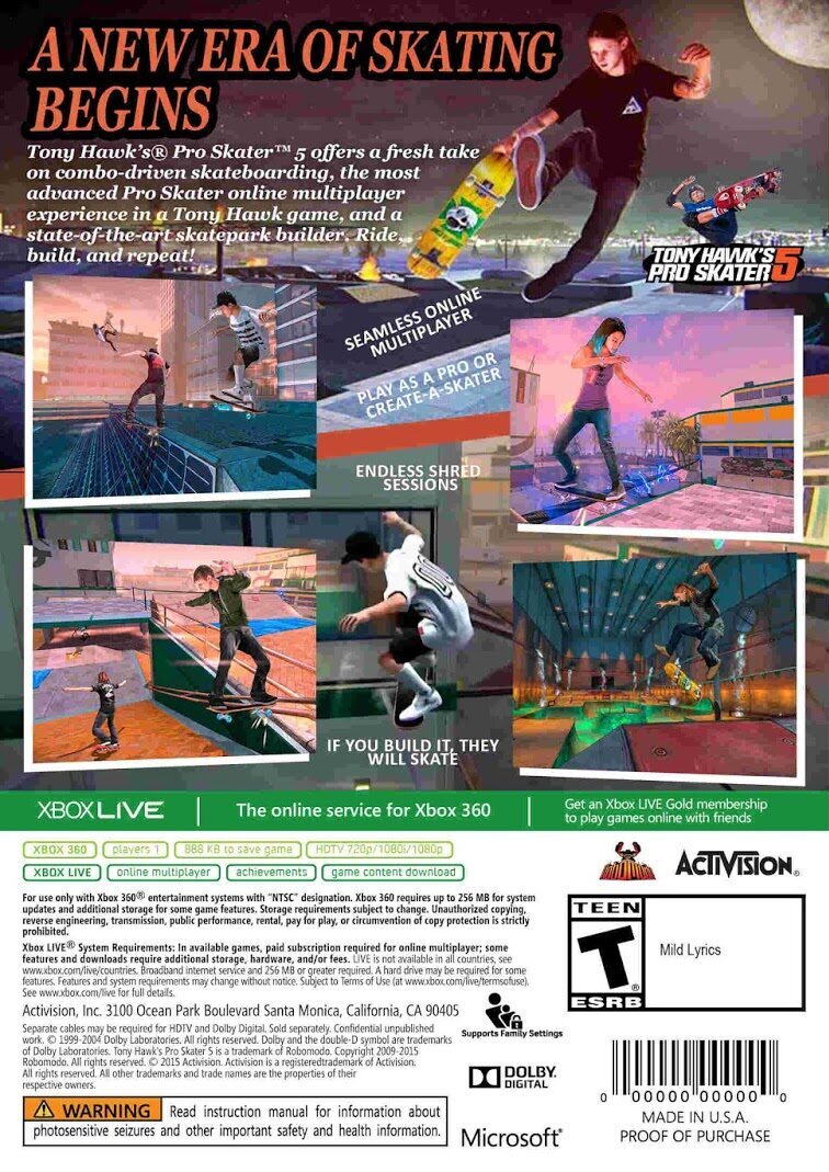 
Tony Hawk's Pro Skater 5 | Xbox 360 | back cover 1